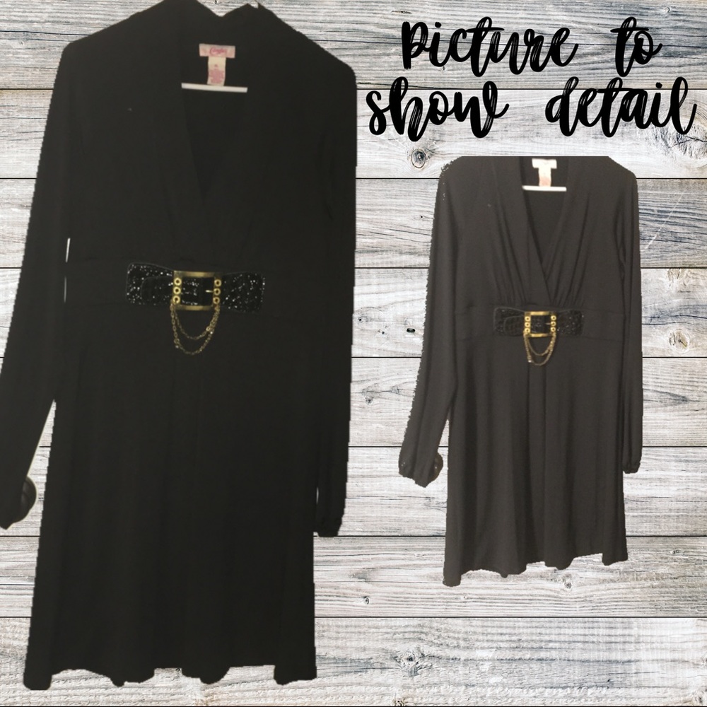 Candies Long Sleeved Black Dress with Gold Belt